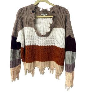 Miracle Womens Knit Sweater S/M Earth Tones Long Sleeve Frayed Hems Boho Chic